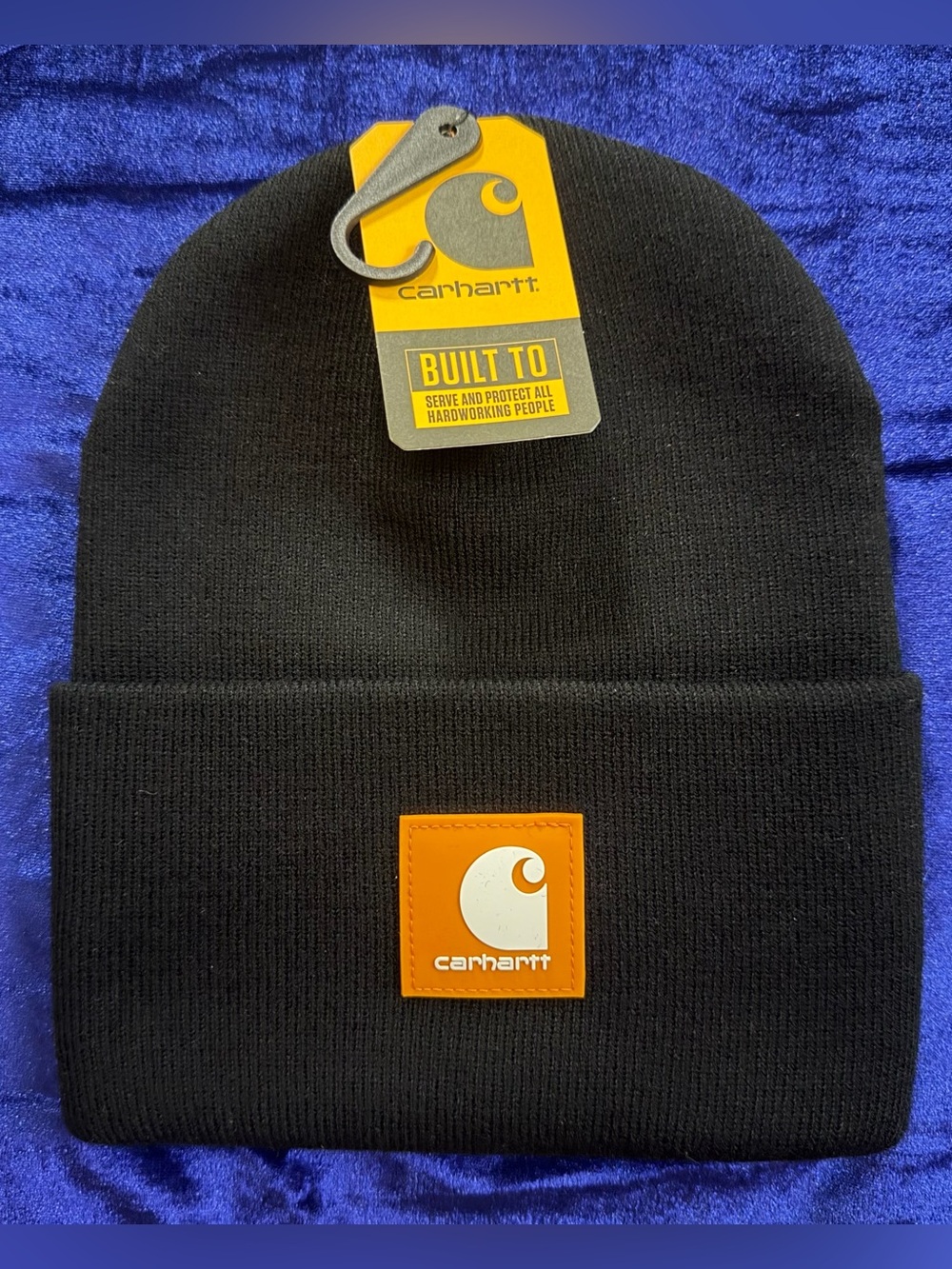Carhartt Black Knit Beanie with Orange Patch